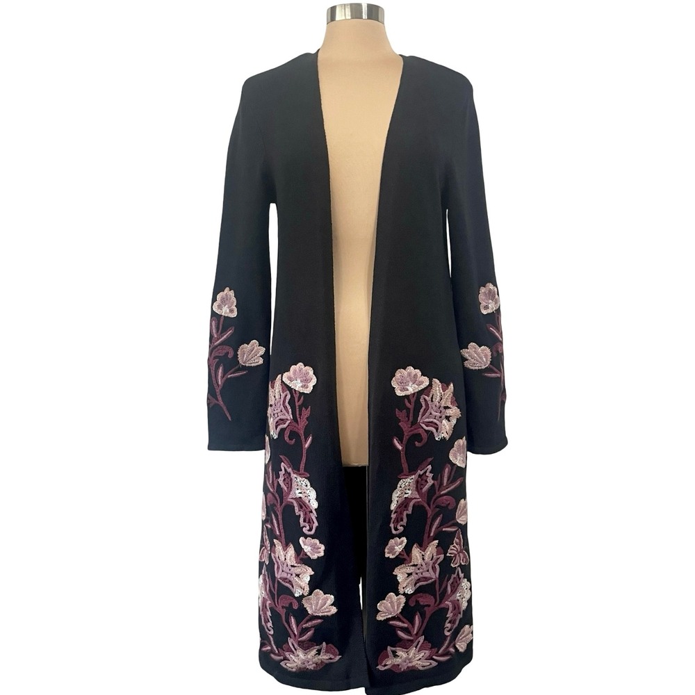 Style & Co Black Longline Floral Embroidered Duster Cardigan Open Front Sz L